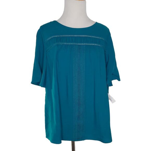 NEW Soft Surroundings Teal Blouse Ladder Stitching Short Sleeve Women Small P - Picture 1 of 10
